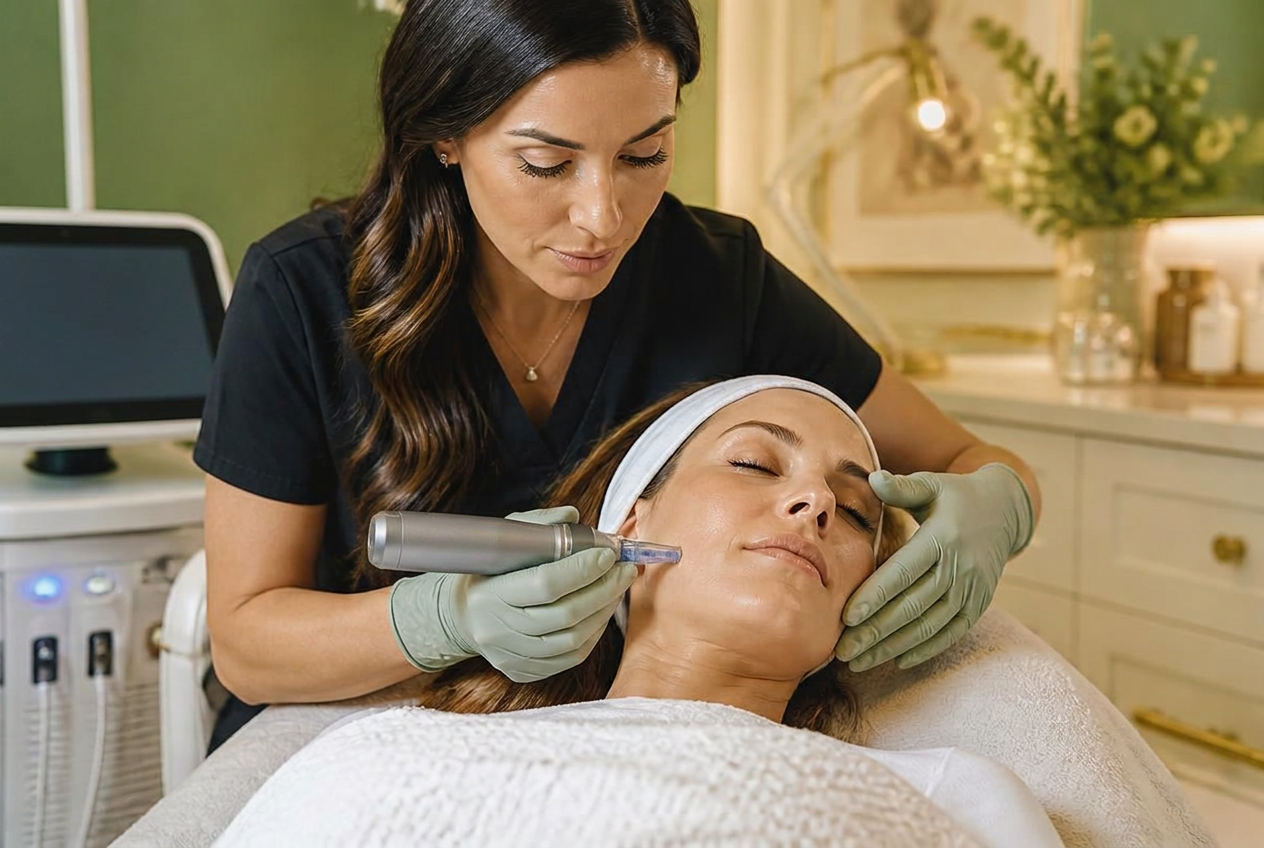 Aesthetician performing microneedling with PRP for collagen renewal