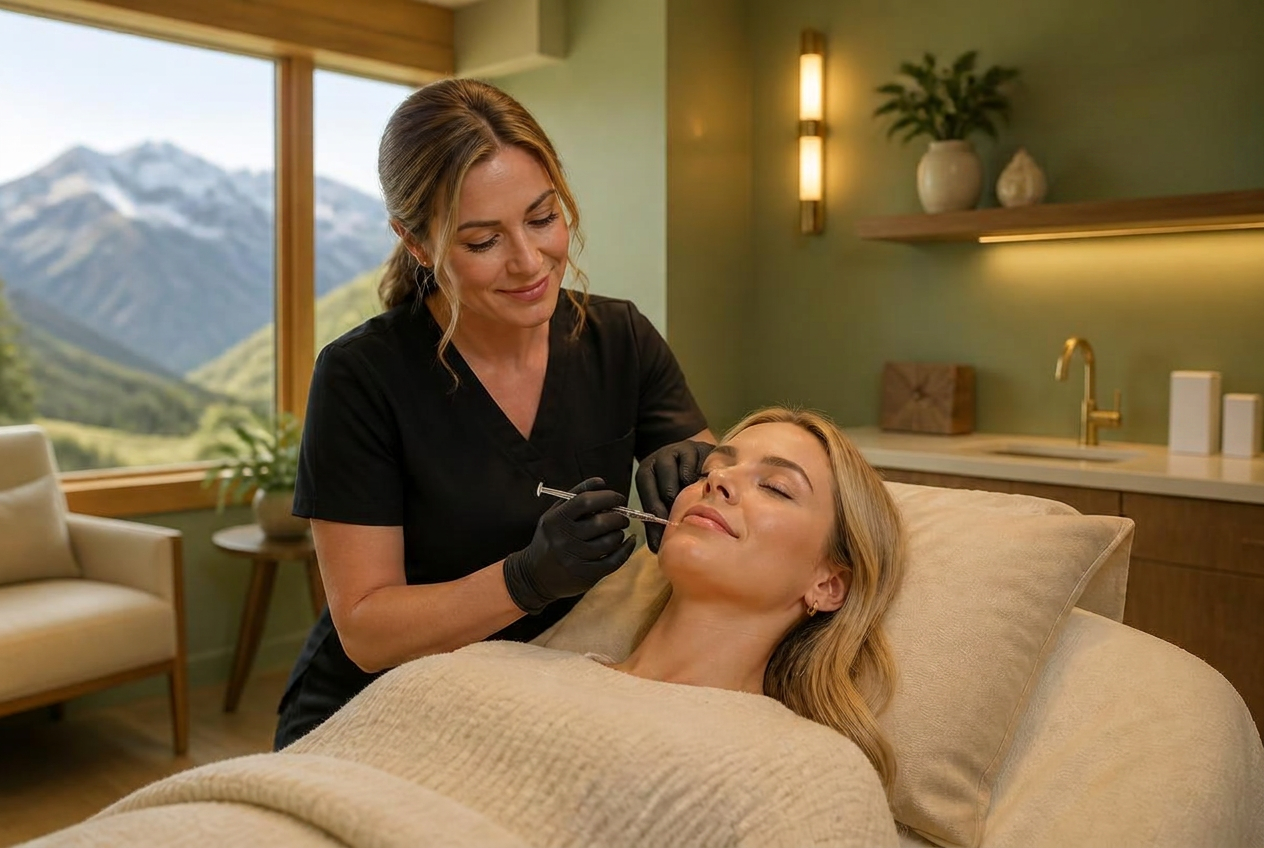 Licensed injector performing a precise Botox treatment in a sage and cream med spa suite